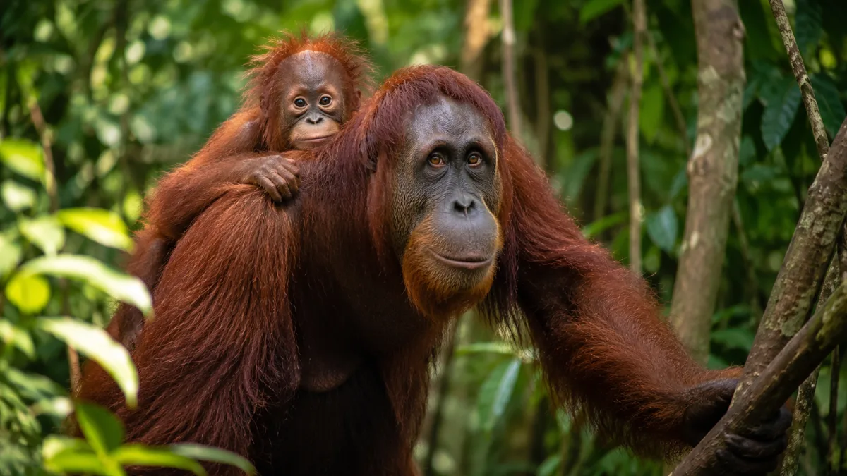 A mother orangutan moving through a rainforest with her young clinging closely to her back.