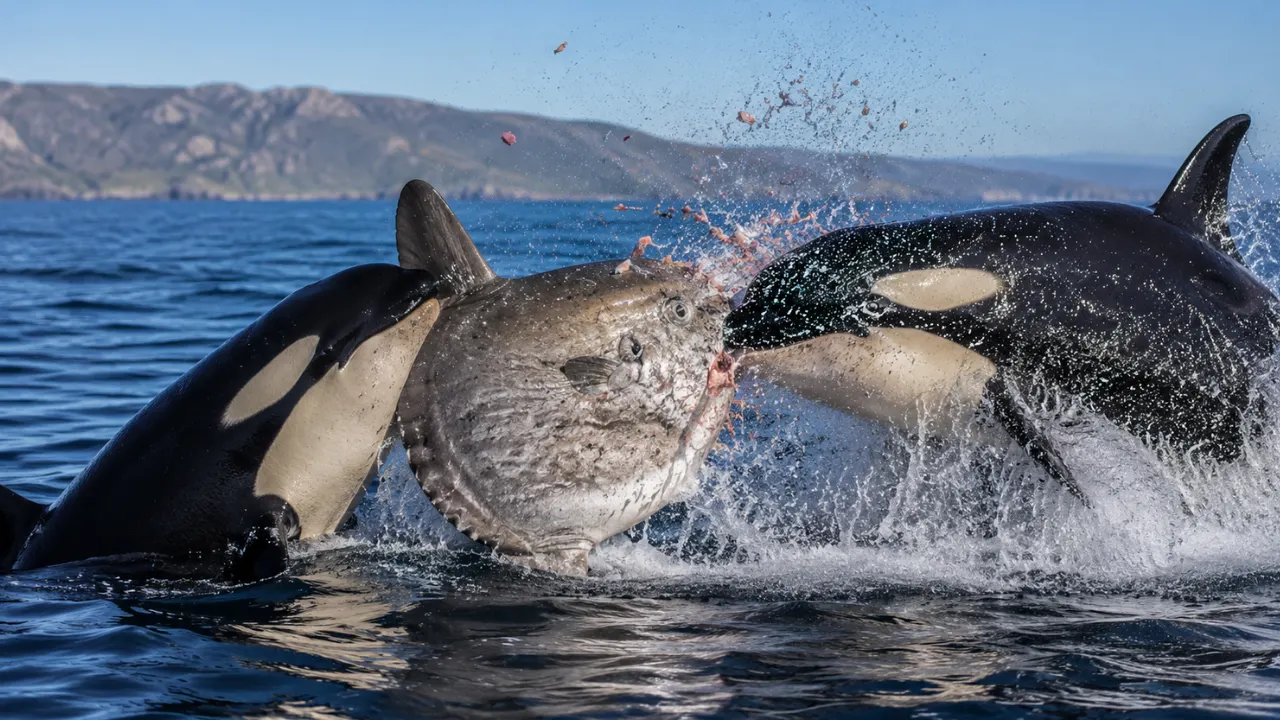 Two orcas coordinating around a dead sharp-tail sunfish in the Gulf of California as the fish breaks into smaller pieces.