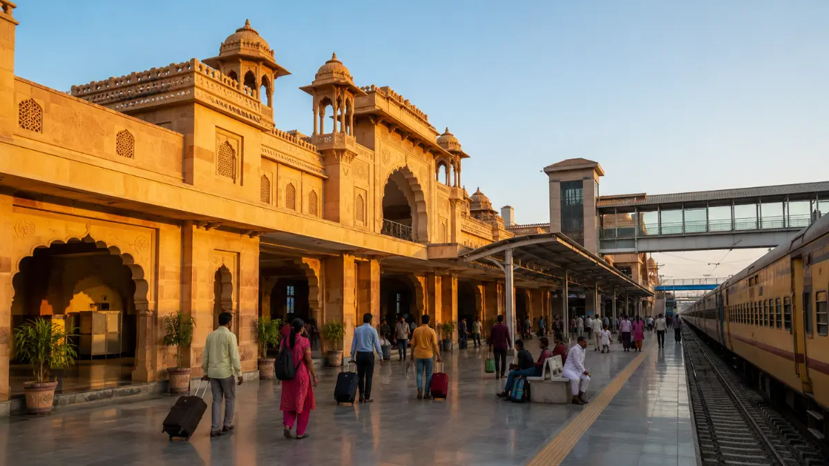 Passengers at a redeveloped Rajasthan railway station with heritage-style sandstone architecture, modern platforms and a waiting train.
