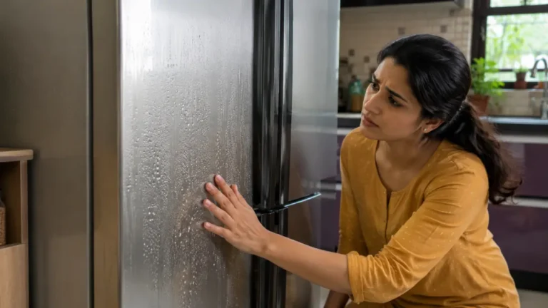 Woman inspecting water droplets and condensation on the outside of a refrigerator during humid monsoon weather.