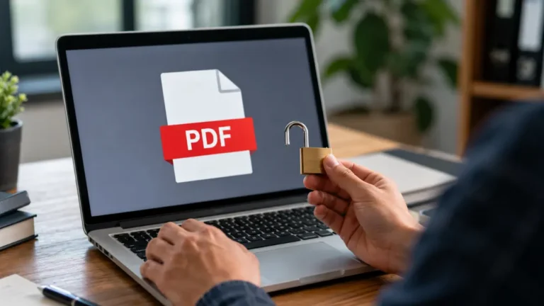 Person holding an open padlock beside a laptop displaying a PDF file, representing safe PDF password removal.