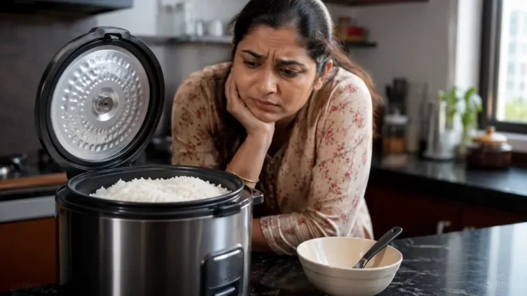 Woman checking cooked rice left overnight in an open rice cooker in a home kitchen.
