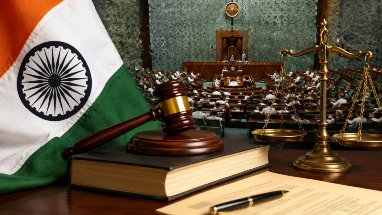 Indian Parliament chamber with the national flag, a judge’s gavel, legal scales, and a proposed bill document in the foreground.