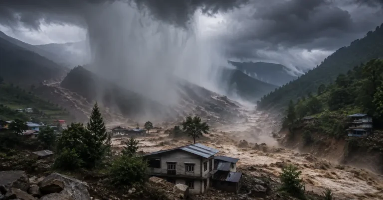 Intense cloudburst over a mountain valley causing flash flooding near homes beneath dark storm clouds.