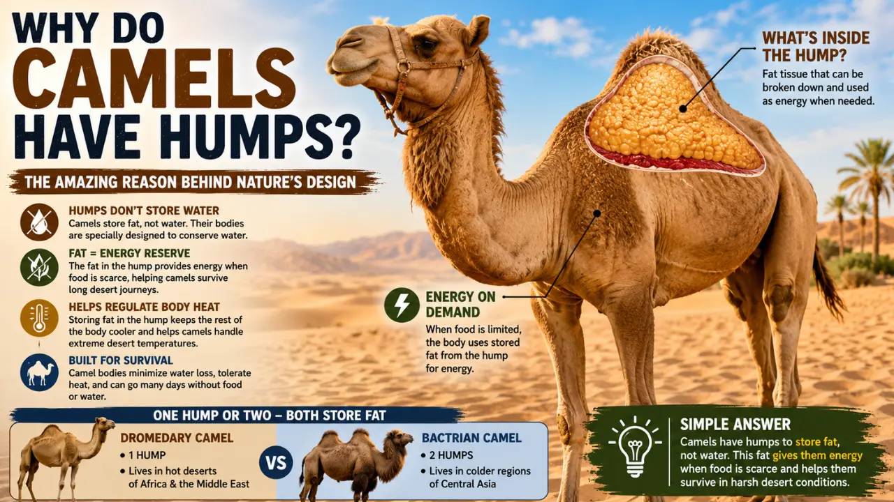 Learn the real reason camels have humps, why humps do not store water, and how they help camels survive desert life.