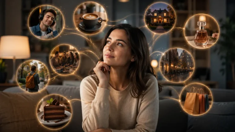 Woman surrounded by familiar people, places, sounds and objects that influence preference through repeated exposure.