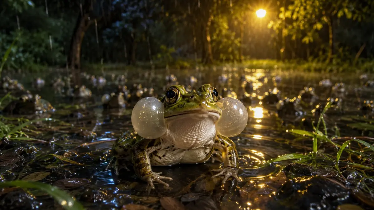 A male frog with inflated vocal sacs calling loudly in a rain-filled pond at night