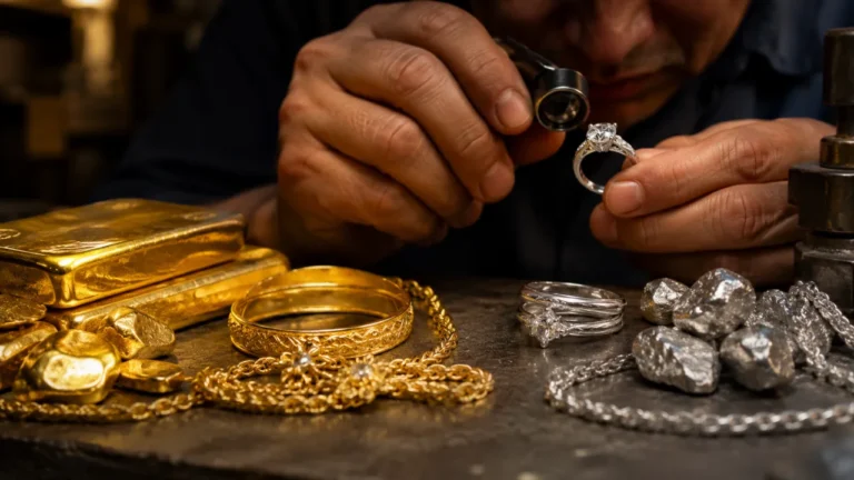 Jeweller examining a platinum diamond ring beside gold and platinum jewellery, showing why both metals are suitable for making ornaments.