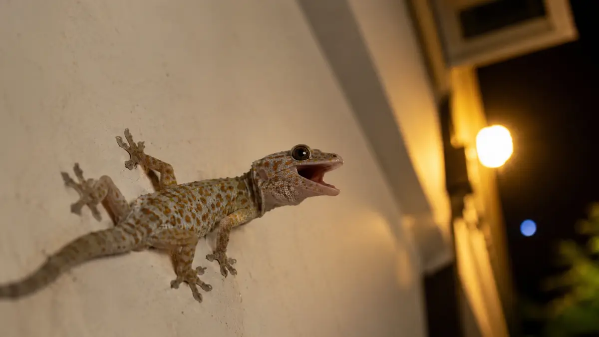 A house gecko calling with its mouth open while clinging to a wall beside a warm outdoor light at night.
