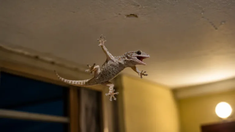A house gecko falling from an indoor ceiling with its legs spread as it tries to regain balance.