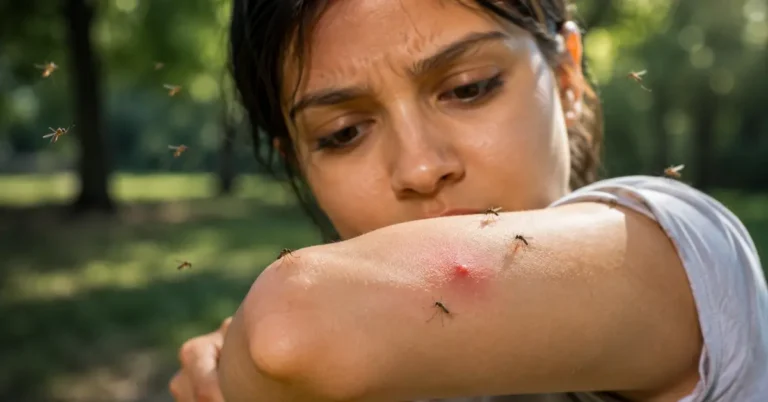 Woman examining a swollen mosquito bite on her arm while several mosquitoes hover nearby outdoors.