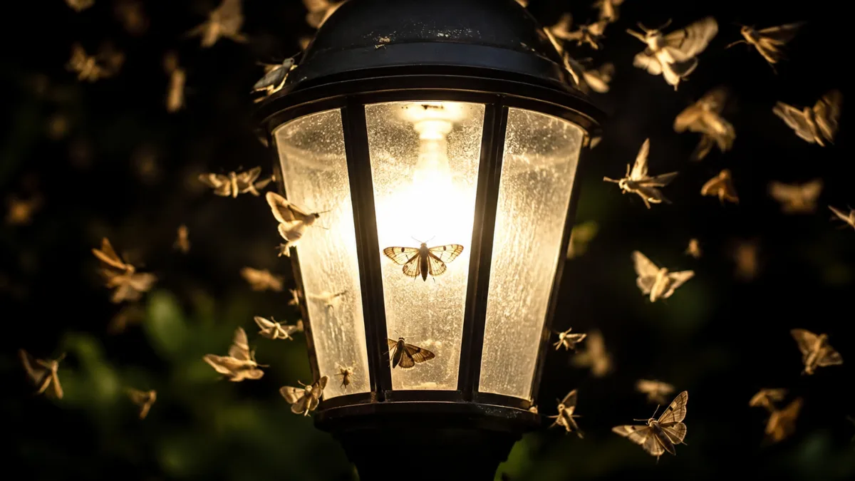 Moths circling a glowing outdoor lamp at night as artificial light disrupts their flight.
