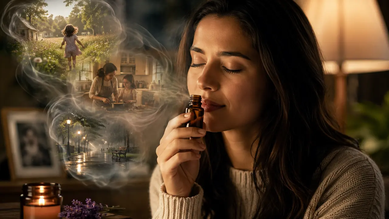 Woman smelling a familiar scent as vivid childhood and home memories appear around her.