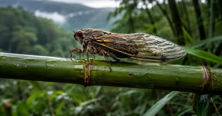 World Cup cicada resting on wet bamboo in a misty Northeast Indian forest