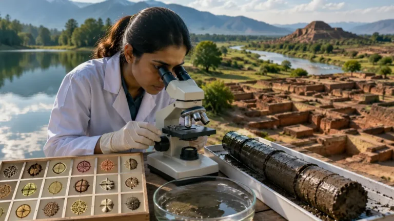 Researcher examining ancient pollen from a lake sediment core near Harappan ruins to reconstruct monsoon changes linked to Harappan decline.