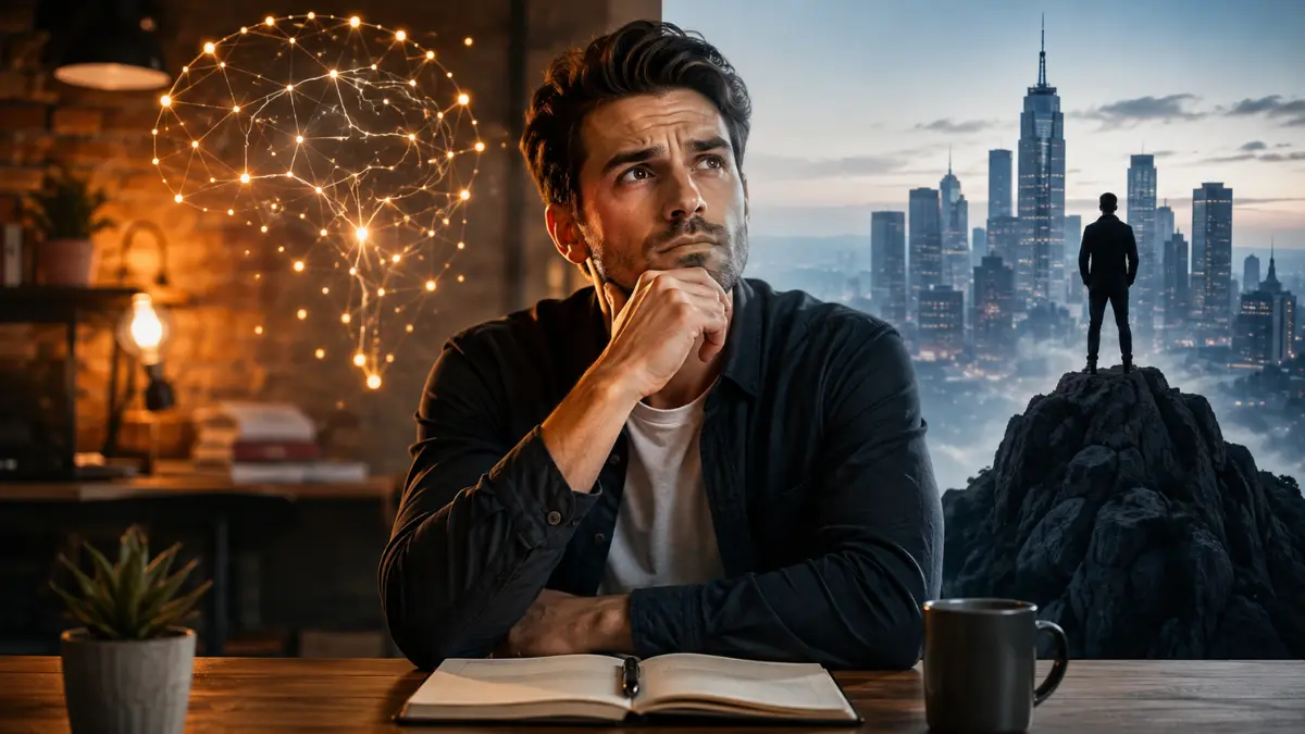 Thoughtful aspiring entrepreneur at a desk reflecting on whether business ability comes from natural traits or learned skills.