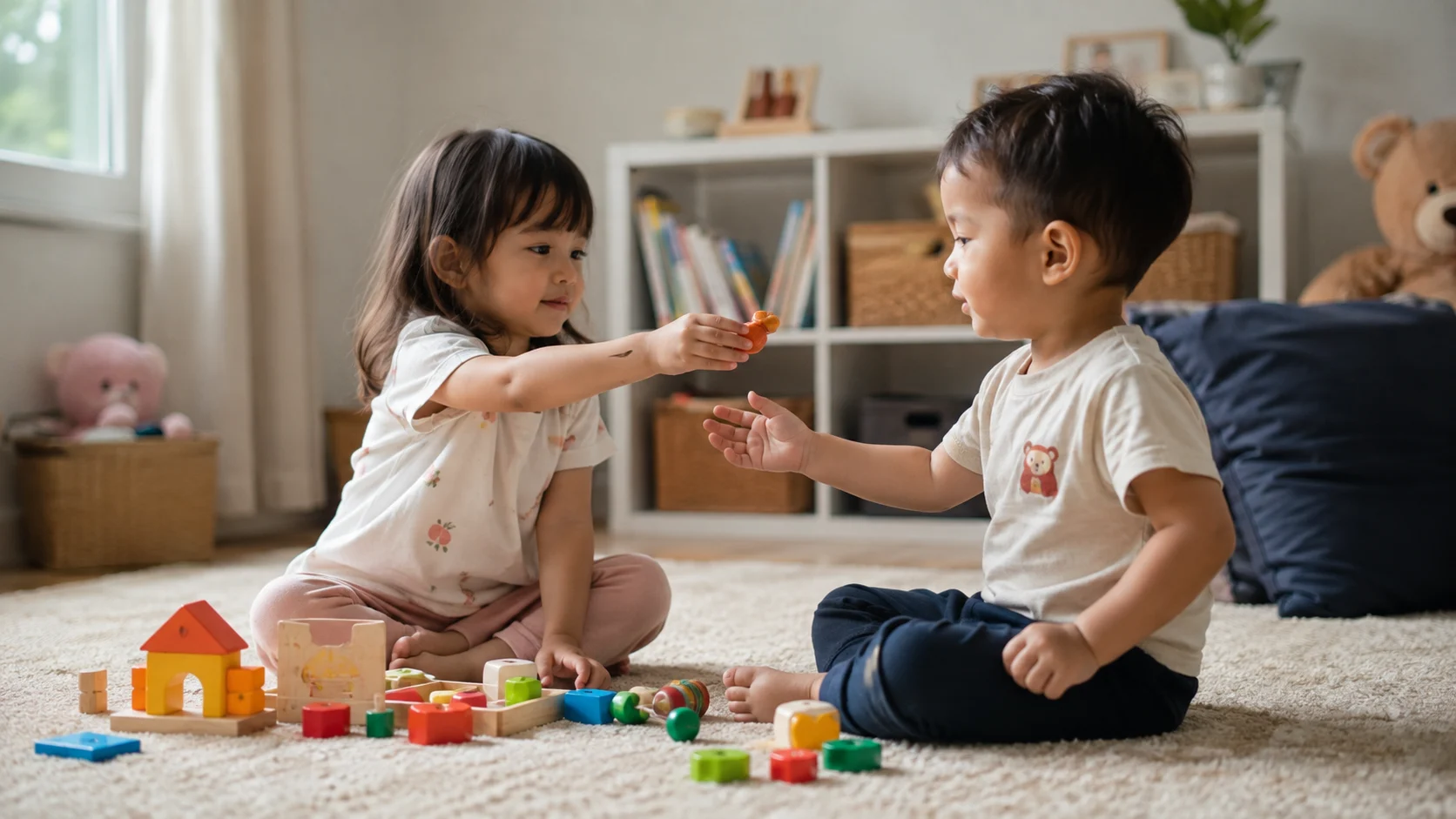 Two young children sharing toys in a playroom, illustrating research on selfishness, generosity, cooperation, and human nature.