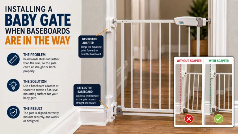 Baby gate installed in a doorway with a baseboard adapter showing how to keep the gate aligned when baseboards stick out from the wall