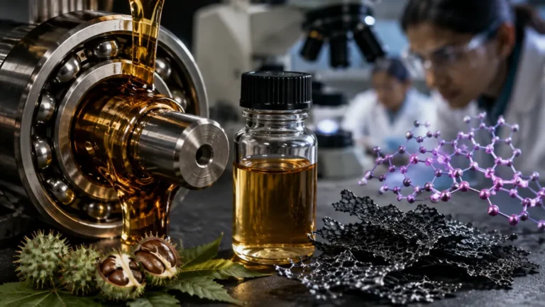 Castor-oil lubricant applied to a steel bearing beside nanomaterial samples, illustrating borophene and g-C3N4 friction-reduction research.