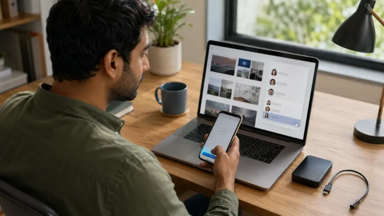 Man reviewing cloud file-sharing permissions on a laptop while confirming account access on his smartphone.