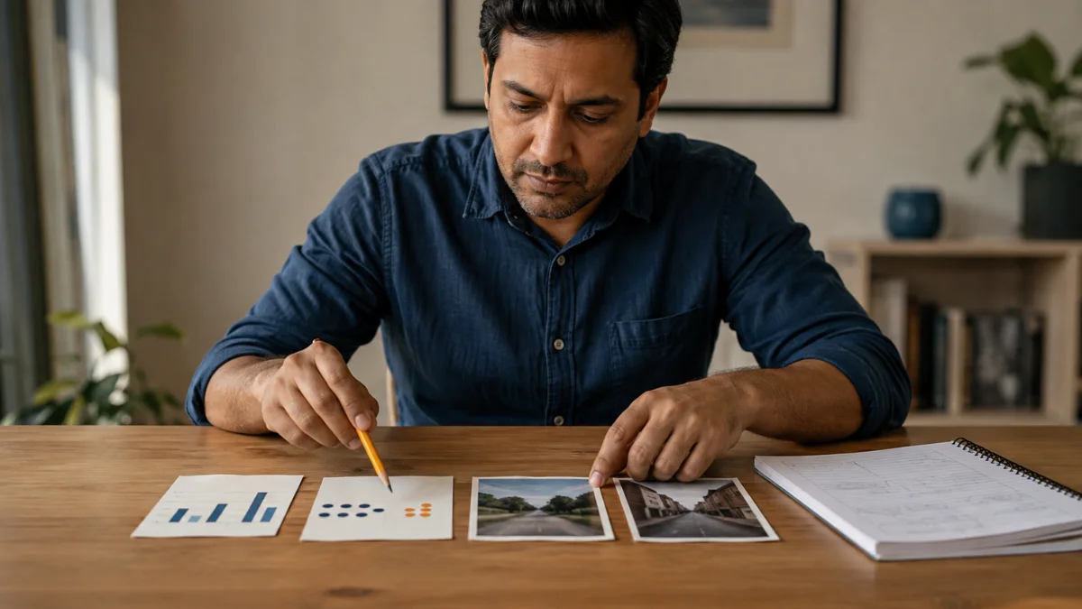 Adult comparing charts, photographs and evidence cards while completing critical thinking exercises at a table.