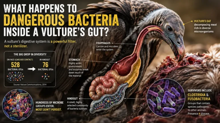 Vulture feeding on carrion with an illustrated digestive tract showing how bacteria are filtered and some survive in the gut.