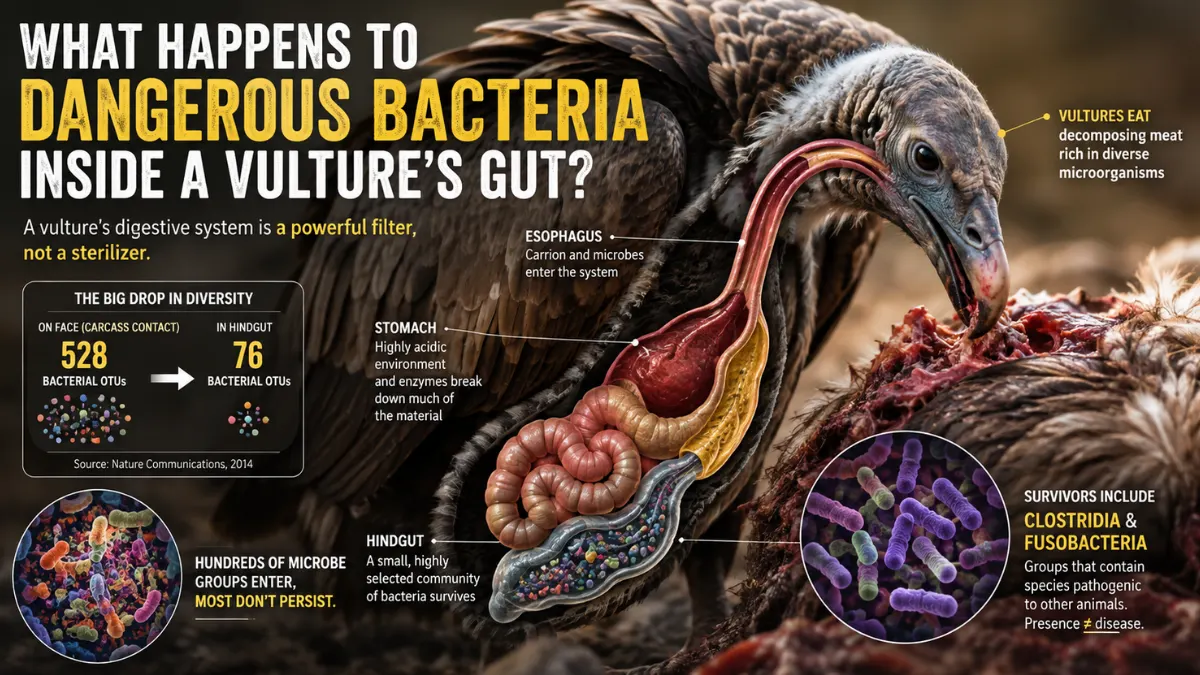 Vulture feeding on carrion with an illustrated digestive tract showing how bacteria are filtered and some survive in the gut.