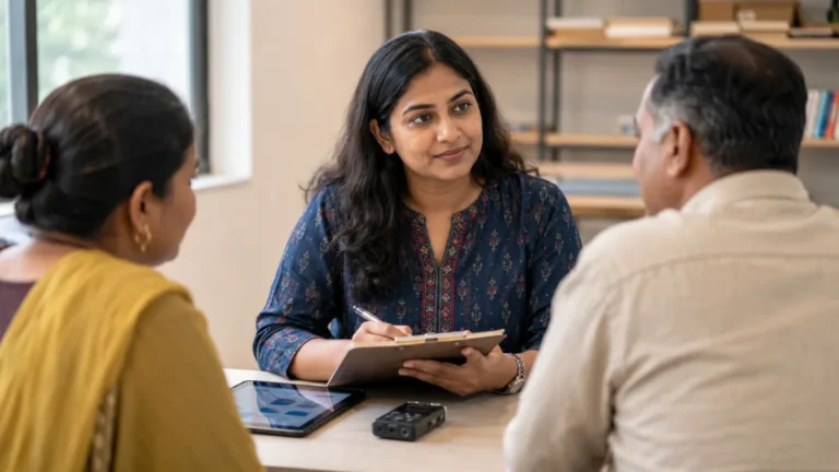 Researcher collecting data from two participants using a questionnaire, tablet and audio recorder during an interview.
