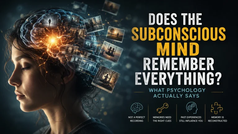 Woman with glowing brain and memory fragments illustrating whether the subconscious mind remembers everything