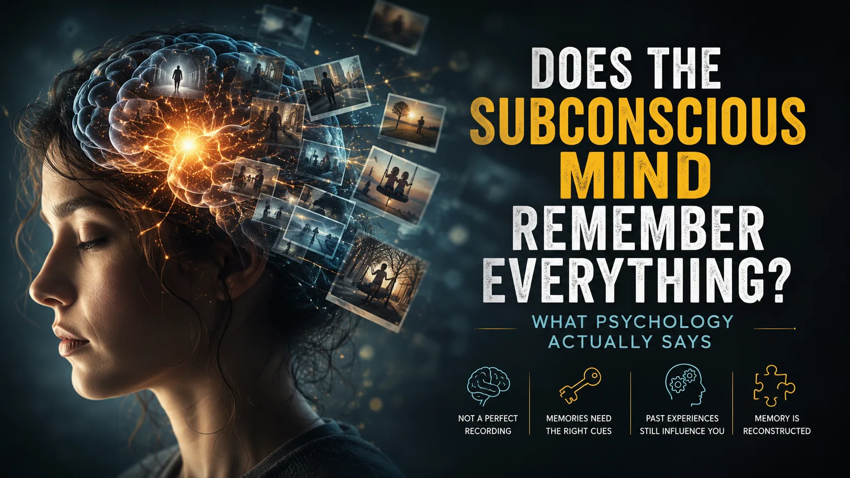 Woman with glowing brain and memory fragments illustrating whether the subconscious mind remembers everything