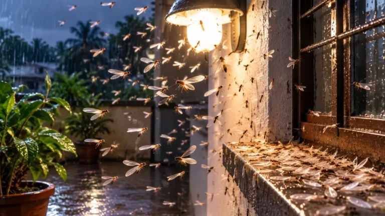 Flying termites swarming around a warm outdoor light after rain, with wet surfaces and discarded wings visible nearby.