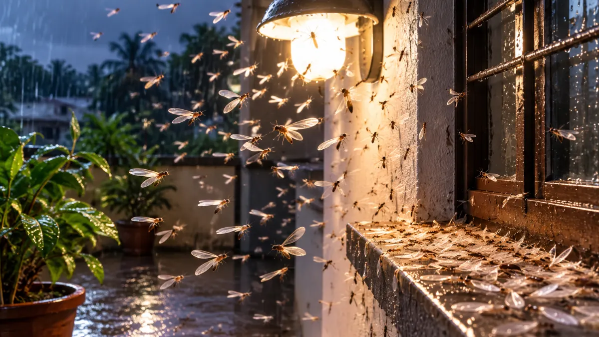 Flying termites swarming around a warm outdoor light after rain, with wet surfaces and discarded wings visible nearby.