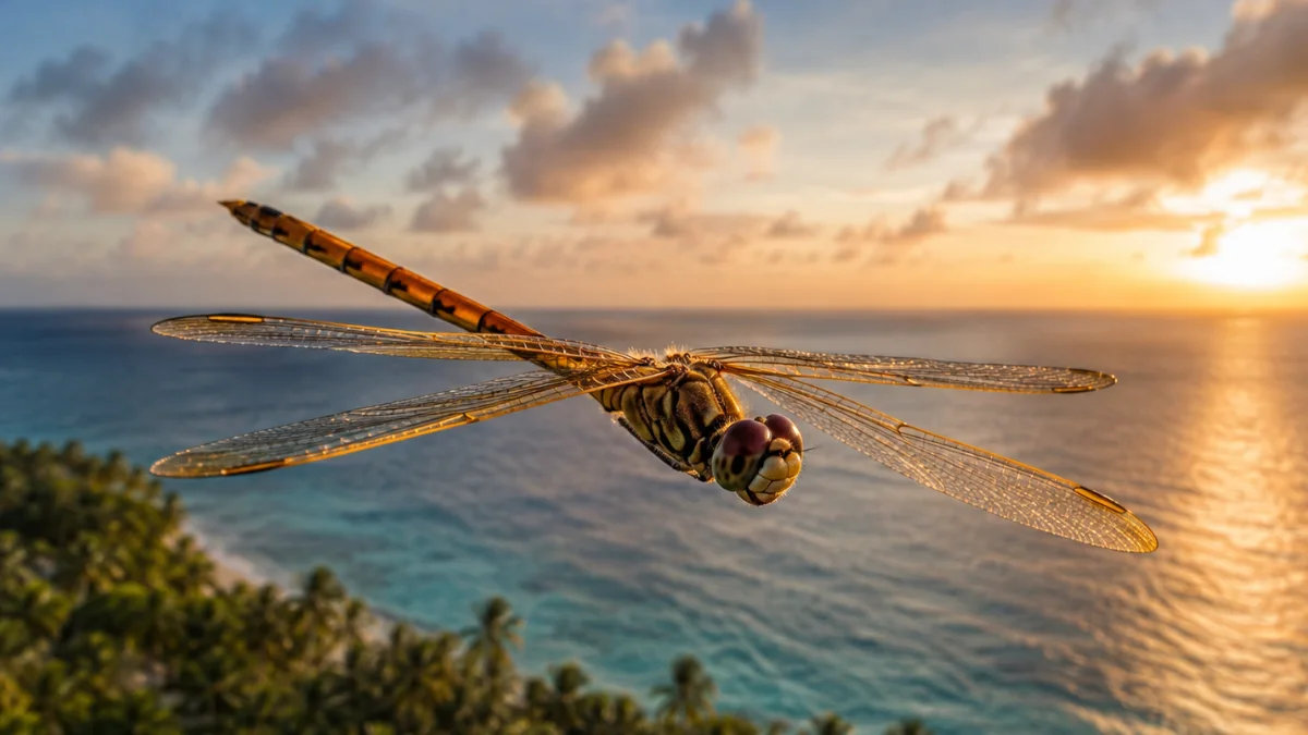 Globe skimmer dragonfly gliding above the Indian Ocean during a long-distance migration.