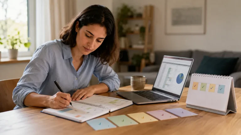 Professional creating a goal plan with scheduled milestones while practicing spreadsheet skills at home