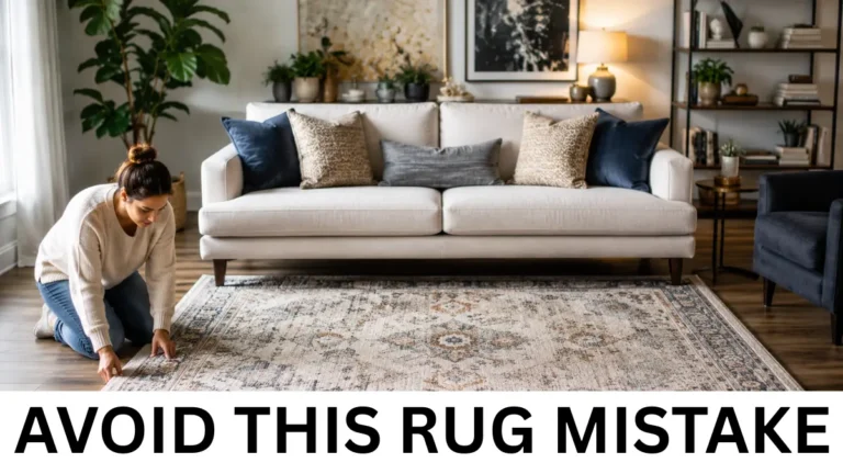 Woman adjusting a living room rug positioned beneath the front legs of a cream sofa.