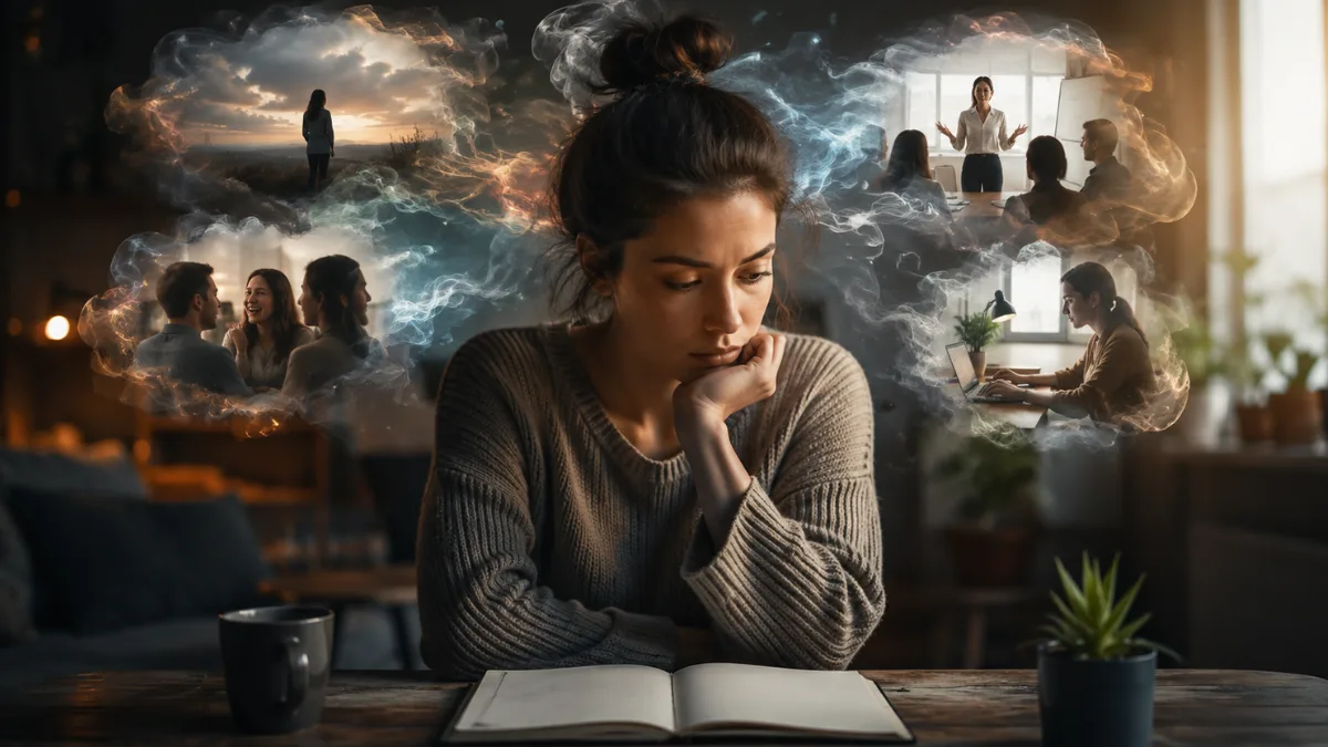 Thoughtful woman reflecting on relationships, work, and life choices shaped by subconscious beliefs.