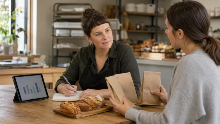 Small bakery owner interviewing a customer and reviewing product feedback for market research