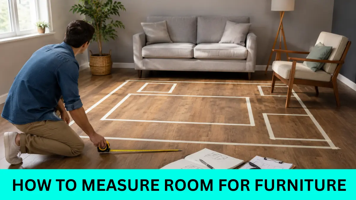 Person measuring a living room floor and marking furniture placement with painter’s tape before buying furniture.