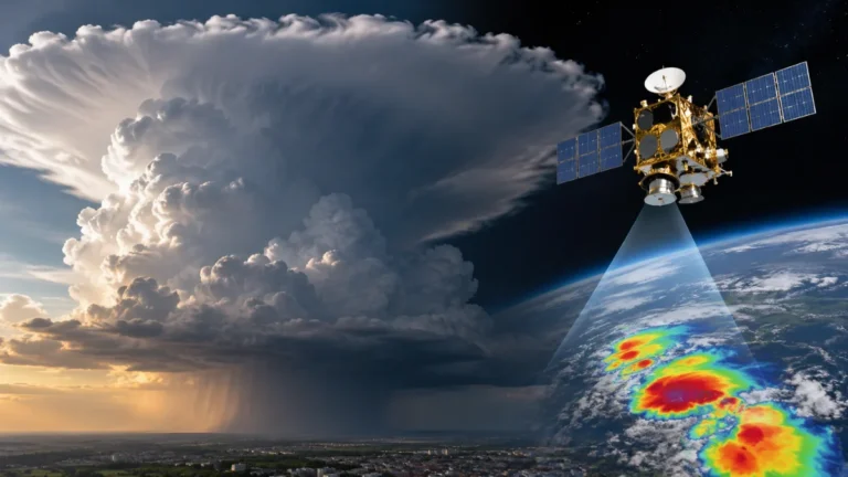 INSAT-3DS weather satellite observing towering monsoon thunderstorm clouds over India with extremely cold cloud tops detected from space.