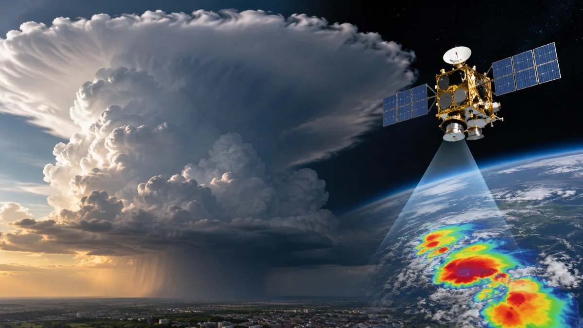 INSAT-3DS weather satellite observing towering monsoon thunderstorm clouds over India with extremely cold cloud tops detected from space.