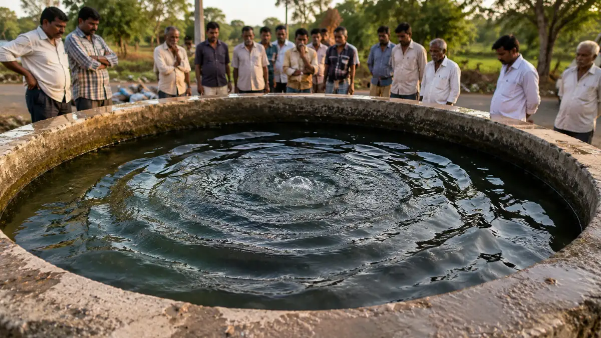 Villagers watch unusual waves moving across a farm well in Morbi, Gujarat, where no earthquake was detected.