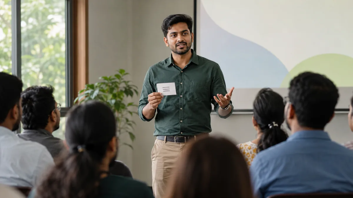 A beginner public speaker using a small outline card while presenting naturally to an attentive audience.