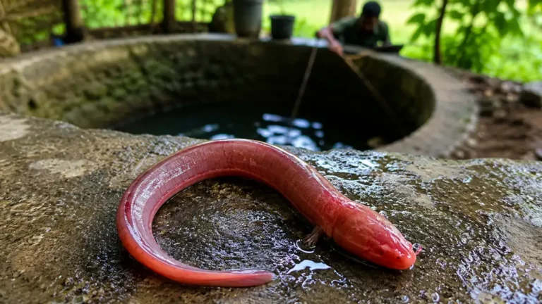 Blood-red Rakthamichthys anchi eel beside a village well in Assam, where the groundwater-dwelling species was discovered.
