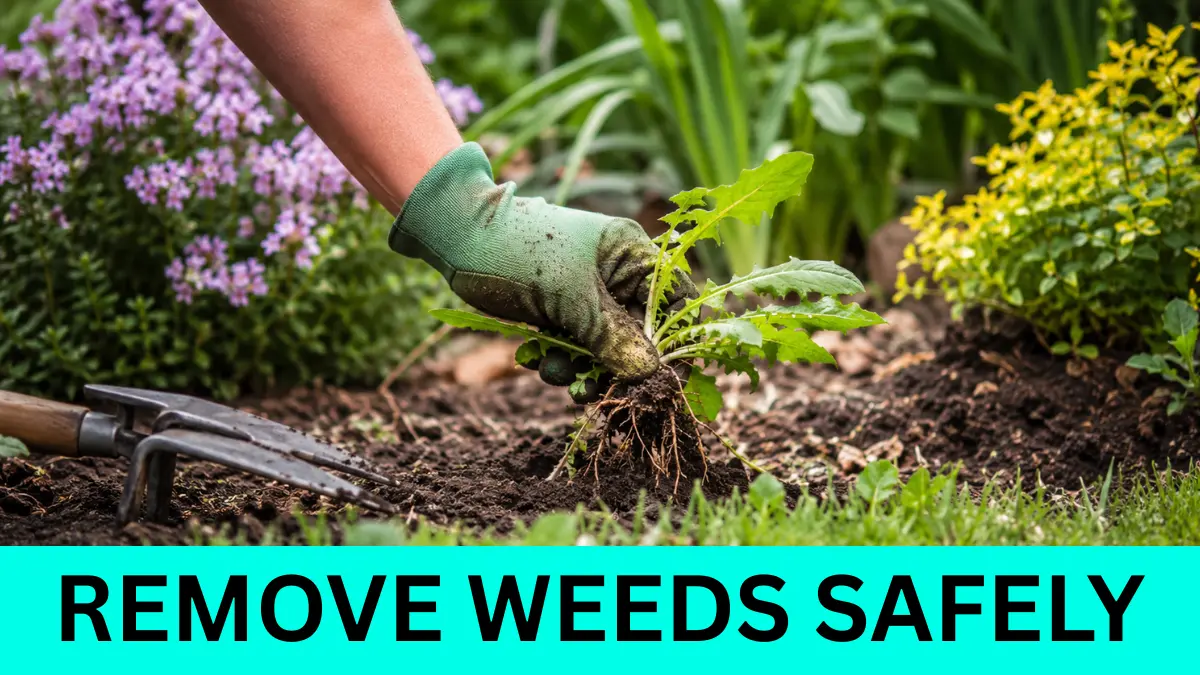 Gardener carefully pulling a weed by its roots beside healthy flowers and lawn grass.
