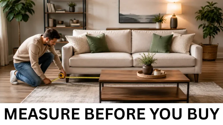 Man measuring the distance between a cream sofa and wooden coffee table in a modern living room.
