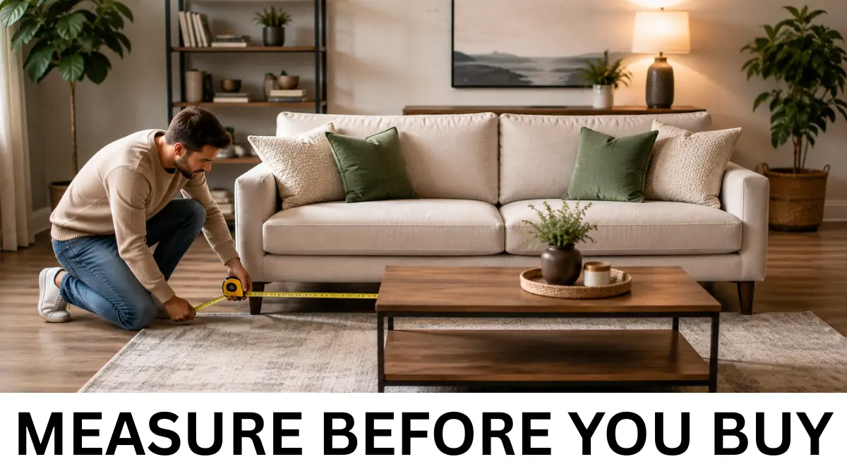 Man measuring the distance between a cream sofa and wooden coffee table in a modern living room.