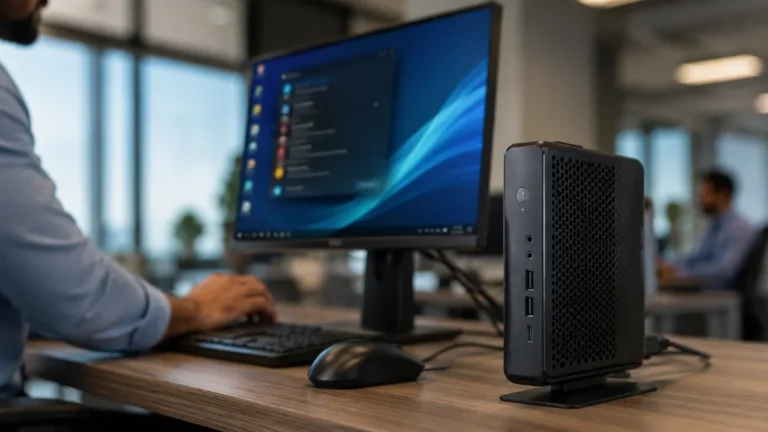 A thin client computer connected to a monitor at a modern office workstation.