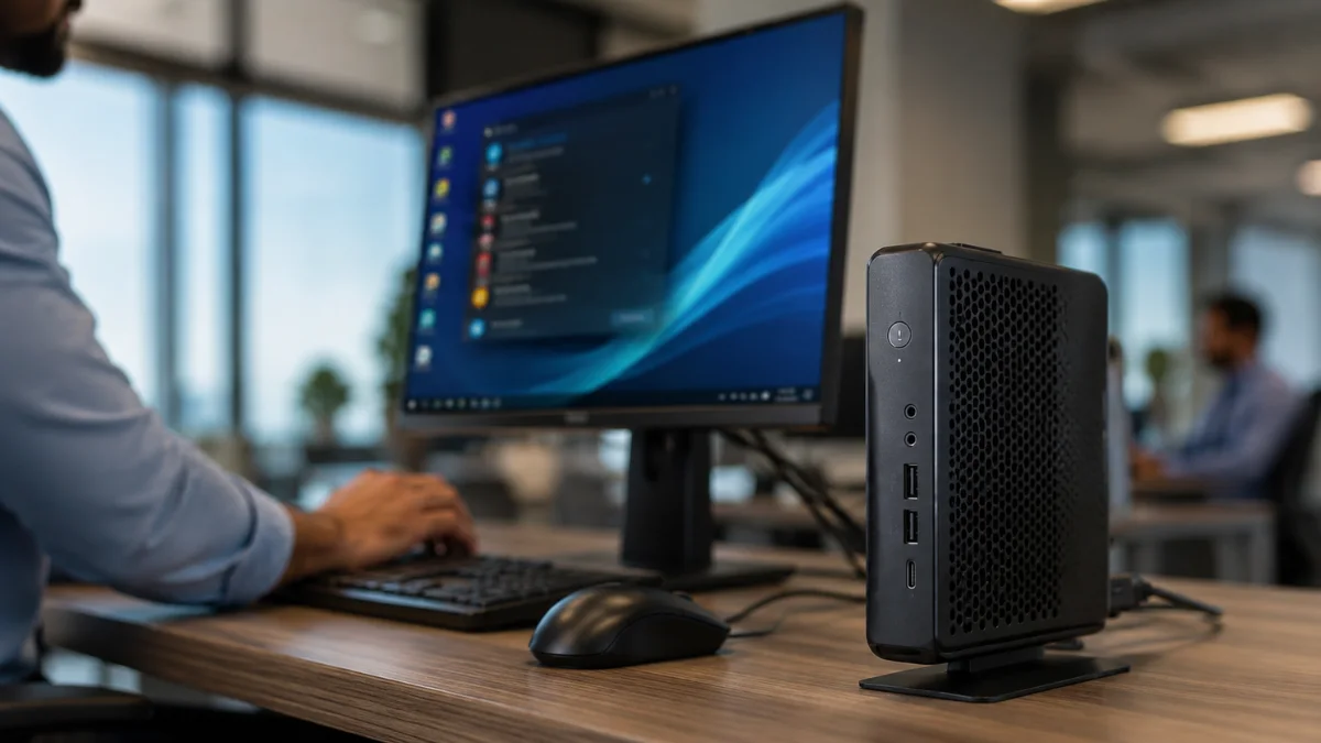 A thin client computer connected to a monitor at a modern office workstation.