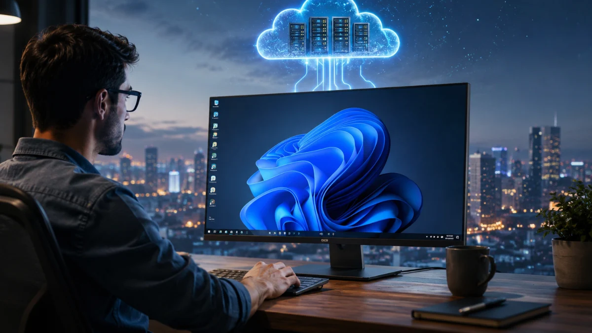 A man using a virtual desktop on a monitor connected to remote cloud servers in a data centre.