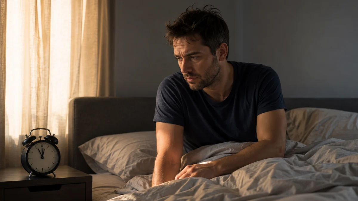 Tired man awake in bed at dawn looking at an alarm clock before it rings.